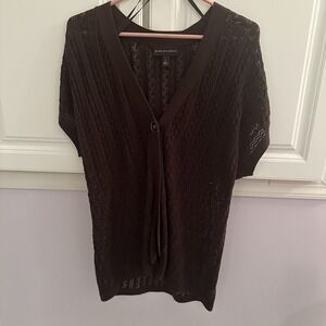 DANA BUCHMAN Brown Crochet Short‎ Sleeve V Neck Button Cardigan Sweater L